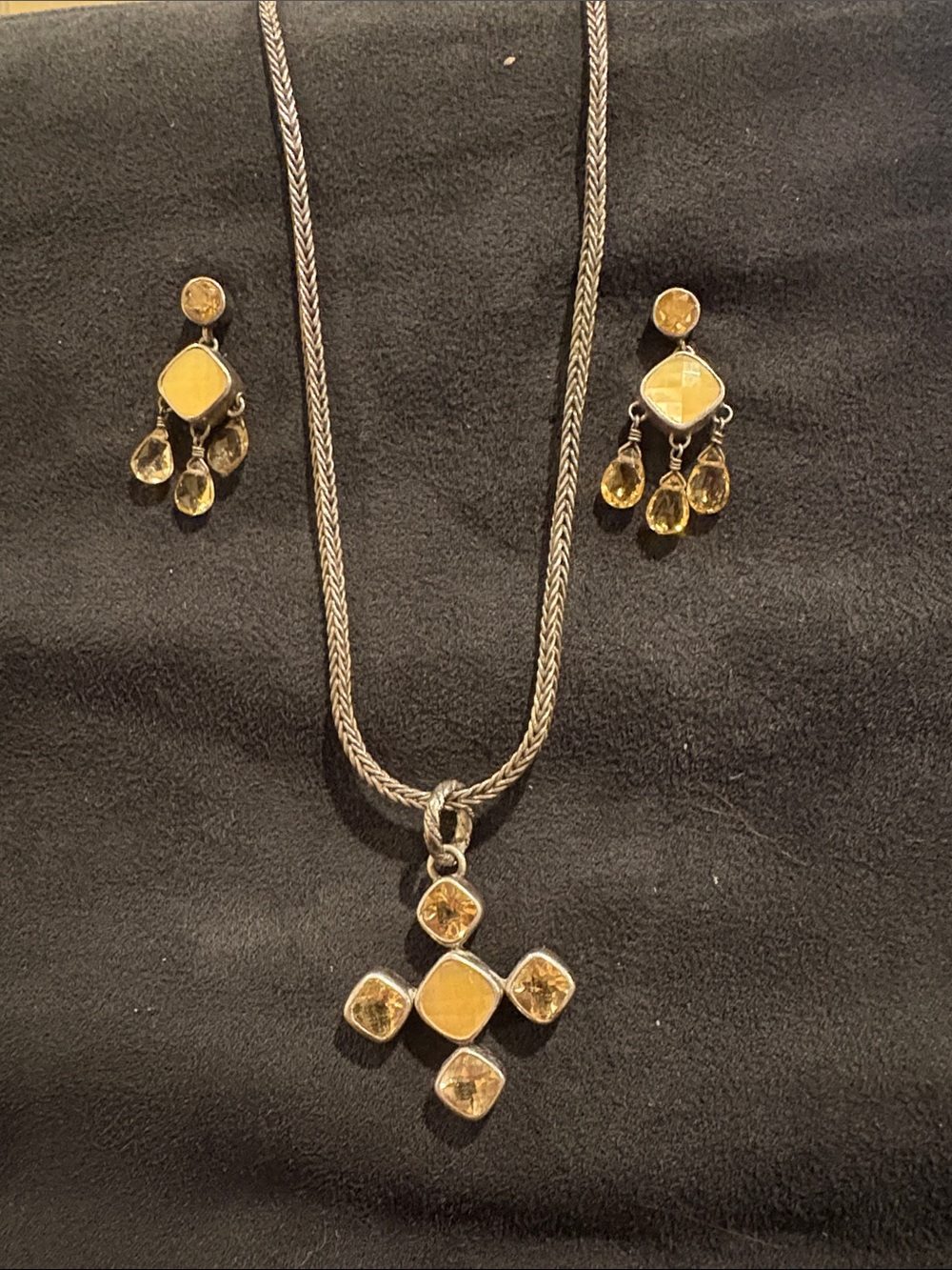 Yellow Gemstone Cross Pendant Necklace and Matching Earrings